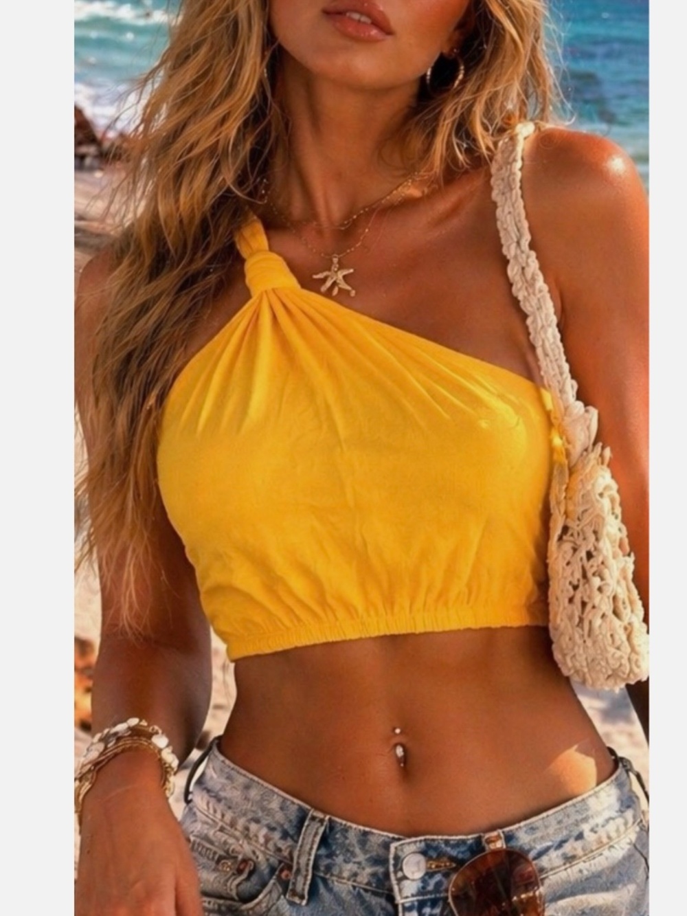 FARM Rio One-Shoulder Golden Yellow Knotted Top - Picture 1 of 5